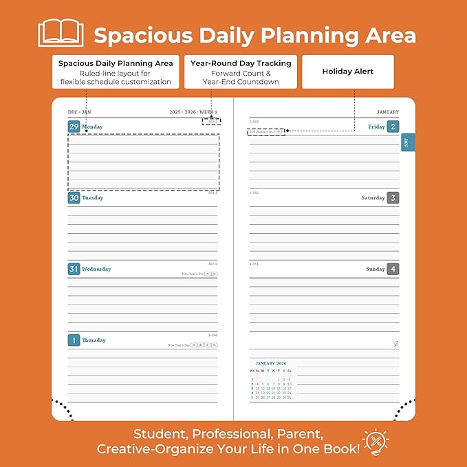 IN-LUXPRO Planner 2026 Daily Weekly and Monthly, 6.5"x3.75", 12 Months Spiral - Image 3