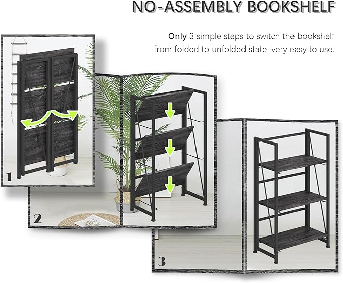 4NM No Assembly Folding Bookshelf Storage Shelves 3 Tiers Vintage Bookcase - Image 7