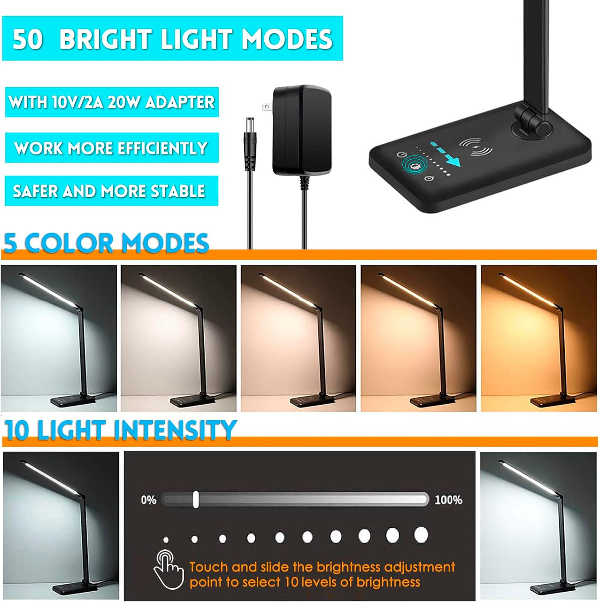 led desk lamp with wireless charger, usb charging shown in use