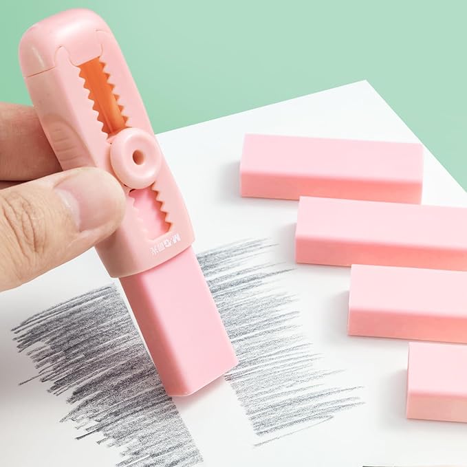 M&G 4+1 Pack Rubber Pink Erasers Sliding Retractable Eraser, Soft Cute Erasers - Image 9