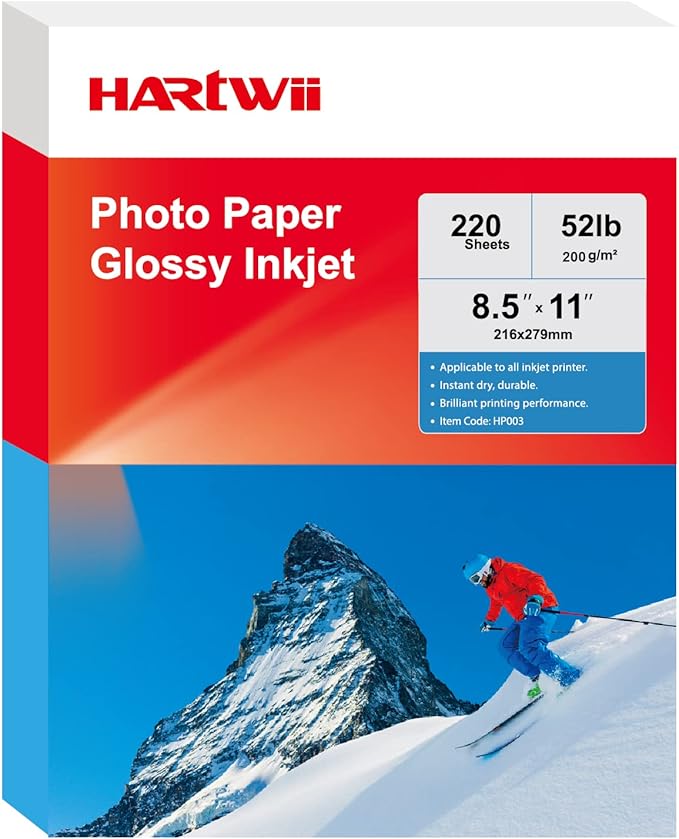 HARTWII 220 Pack Photo Paper Glossy Inkjet 8.5x11 inches 52lb 200Gsm Letter Size by HARTWII
