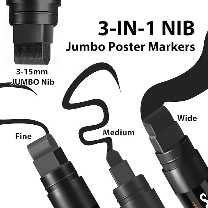 MEHVOR Acrylic Paint Markers, 5 Poster Markers Jumbo Black, 15mm Wide Tip - Image 3