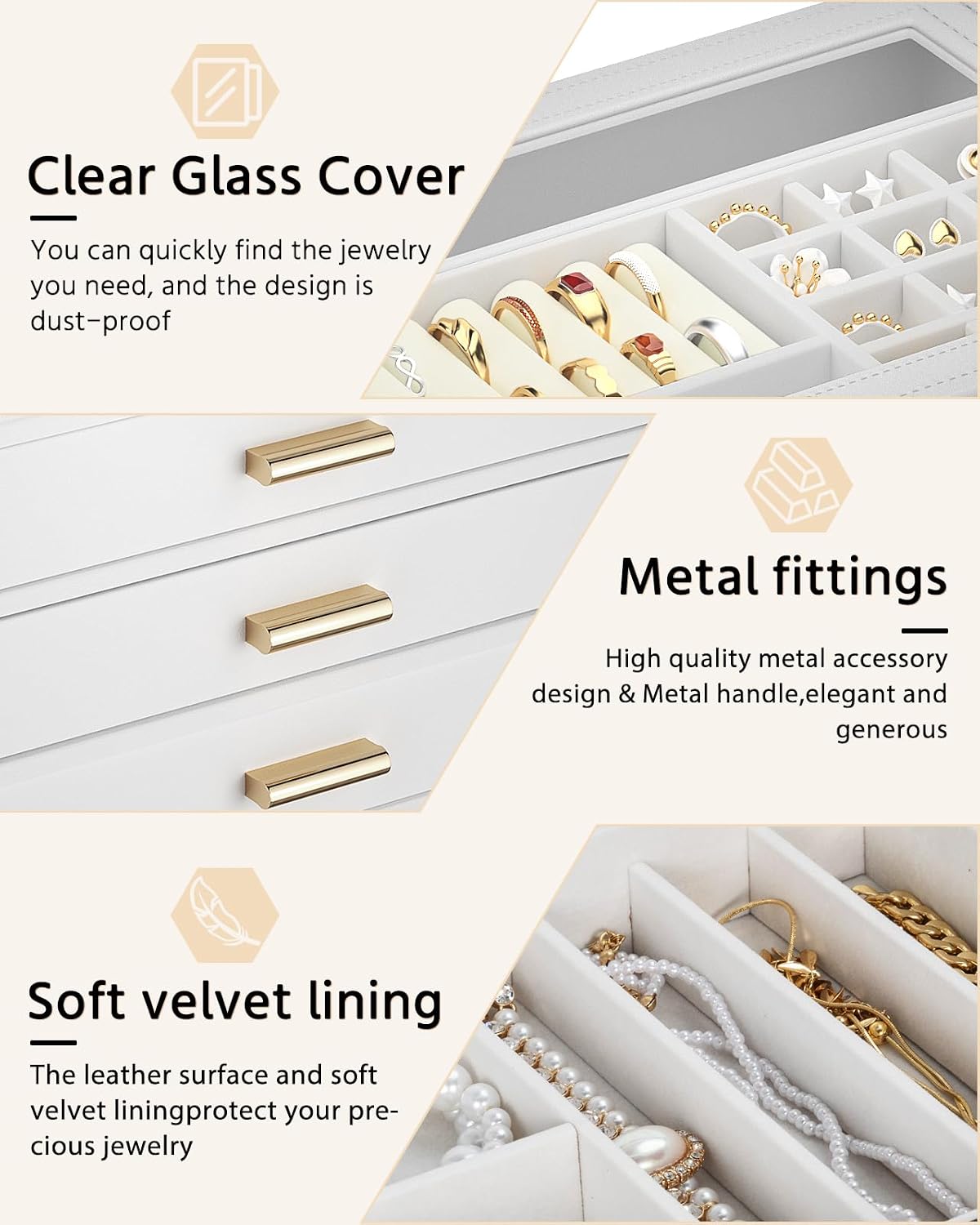 AKOZLIN Jewelry Box Organizer with Clear Lid 4 Drawers White