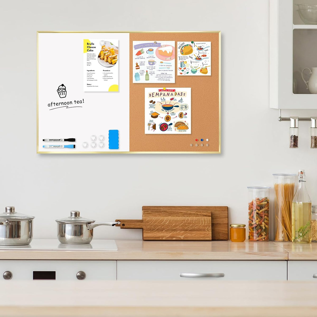 Magnetic Dry Erase White Board & Cork Board Combo, 24"x18", Wal...