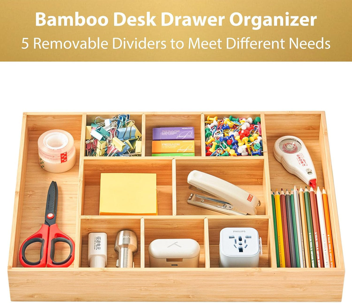 Umilife Extra Large Bamboo Desk Drawer Organizer, Wood Junk Organizer Tray wi...