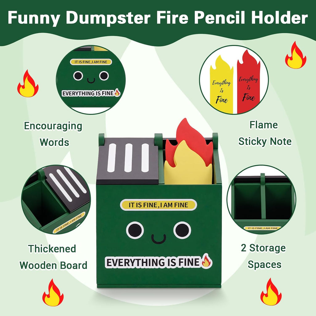 Dumpster Fire Pencil Holder with 100 PCS Flame Sticky Notes | Funny Dumpster Fire Desk Accessories, Office Decor and Gag Gifts for Men, Coworkers, Friends and Workspaces