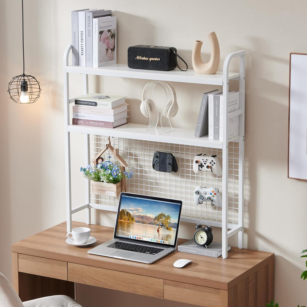Desk Shelf, 36.8” Desktop Organizer Shelf with Grid Panel and Hooks, Desk Hut...