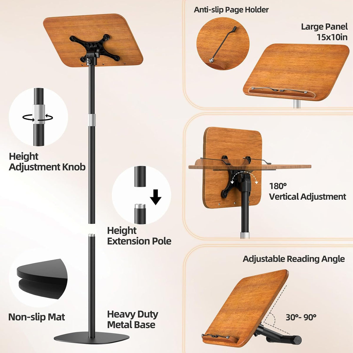2-in-1 Floor & Desktop Music Book Stand,100% Solid Wood Metal Base