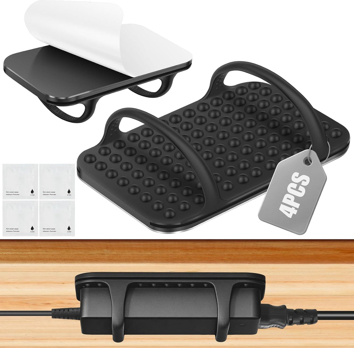 4 PACK Laptop Charger Holder Under Desk Power Brick Mount with Adhesive
