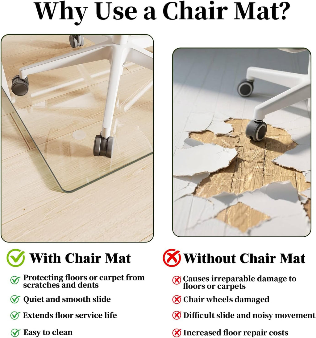 Glass Chair Mat 30" x 48" Tempered Glass Office Chair Mat | Glass Desk Chair Mat with Round Corner and Polished Edge for Smooth Glide, Glass Floor Mat for Carpet Hardwood Floor