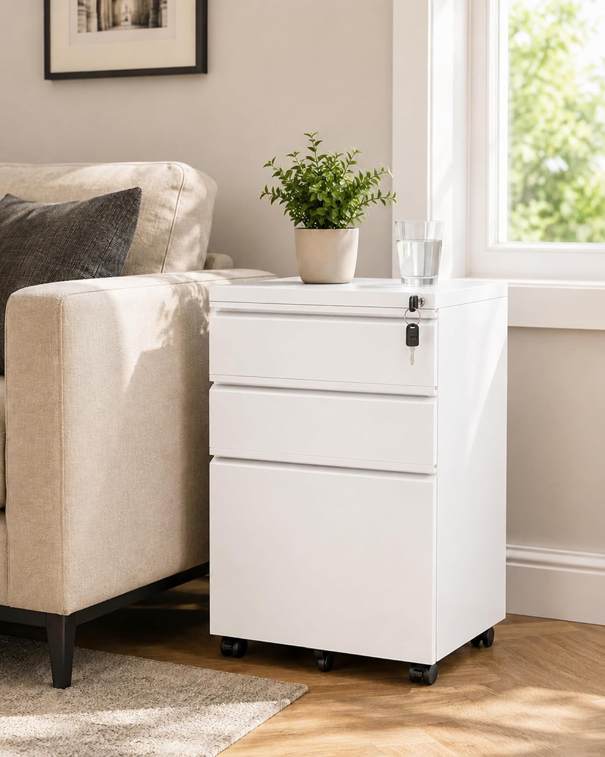 fully assembled 3-drawer mobile file cabinet with lock, view 9