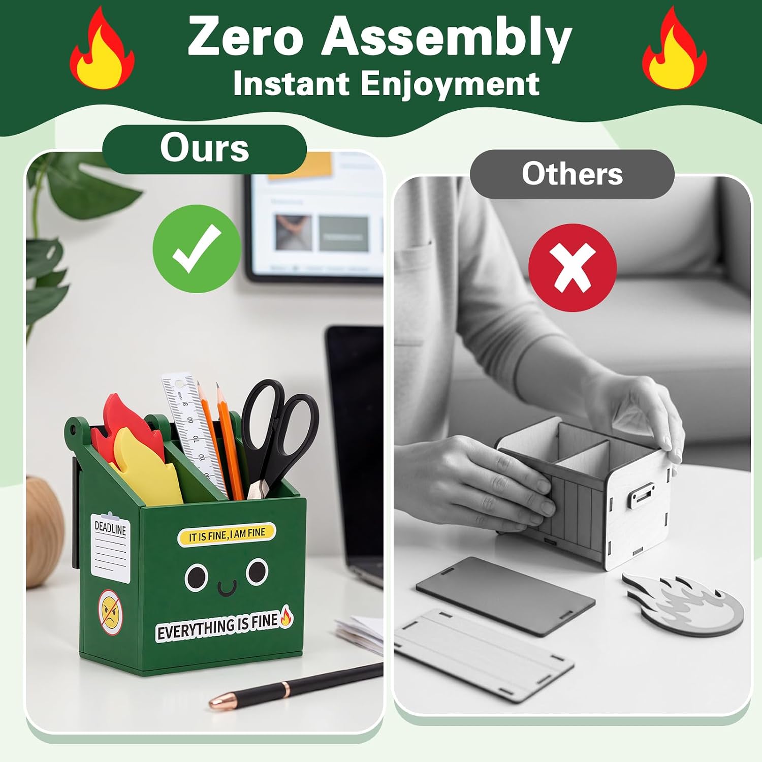 Dumpster Fire Pencil Holder with 100 PCS Flame Sticky Notes | Funny Dumpster Fire Desk Accessories, Office Decor and Gag Gifts for Men, Coworkers, Friends and Workspaces