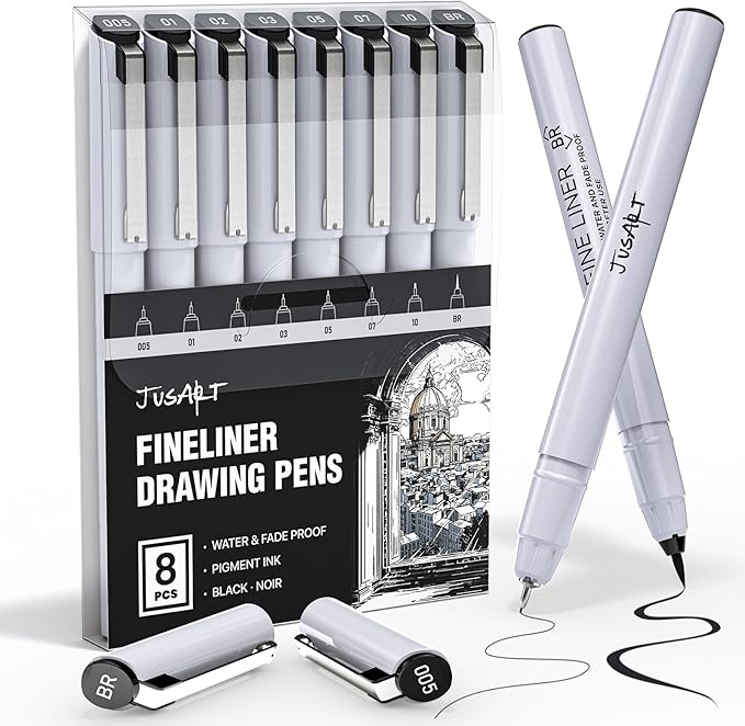 JusArt Fineliner Pens, 8 Size, Ultra Fine, Fine & Brush, Waterproof Black by JusArt%7CCreativeArtSupplies