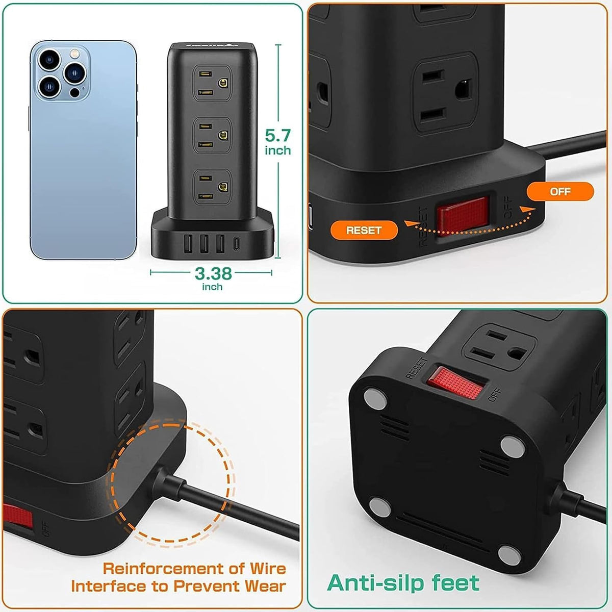 2 Pcs Extension Cord with Multiple Outlets, SMALLRT Power Strip Tower, Outlet...