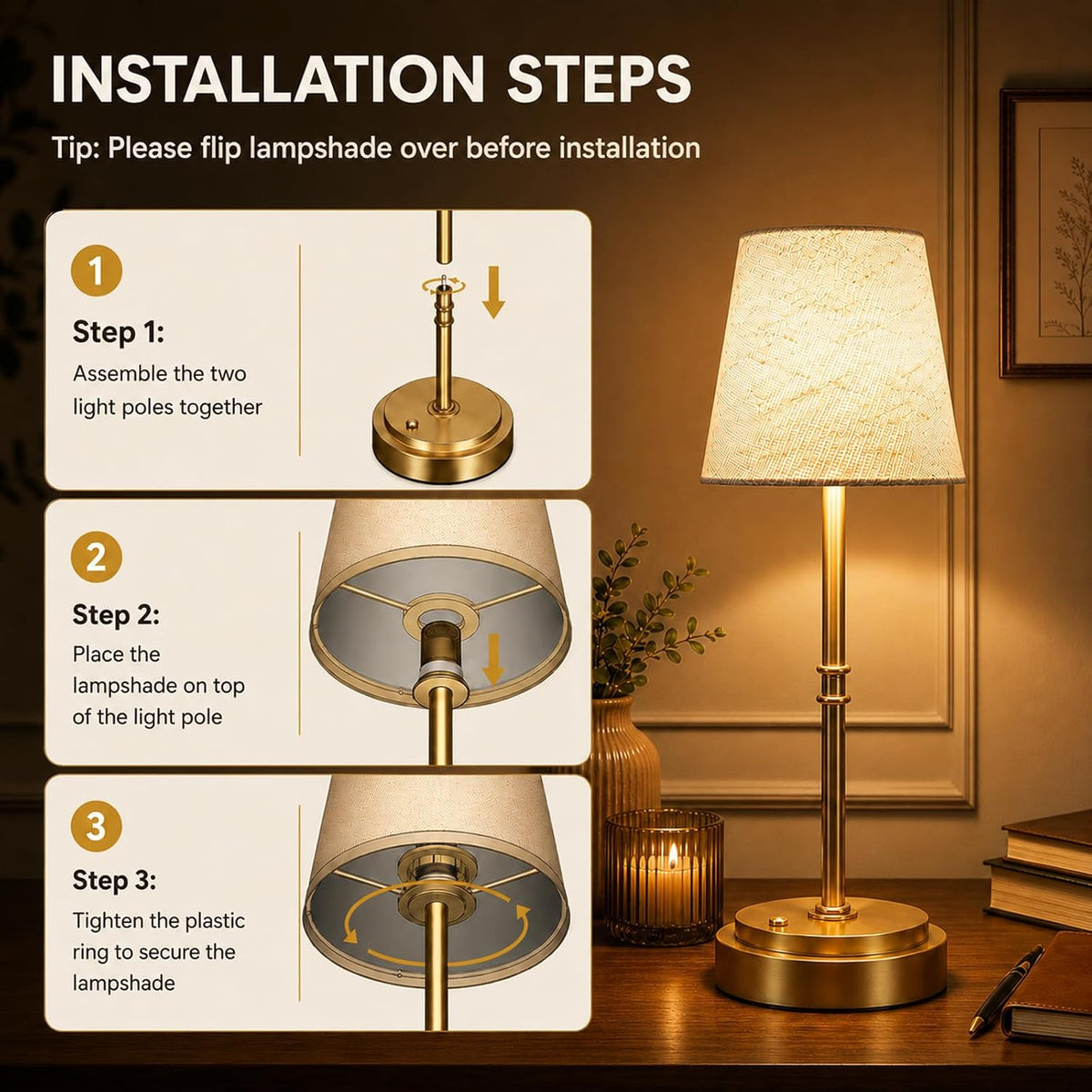 rechargeable cordless table lamp, nightstand to end table,gold,1, front angle view