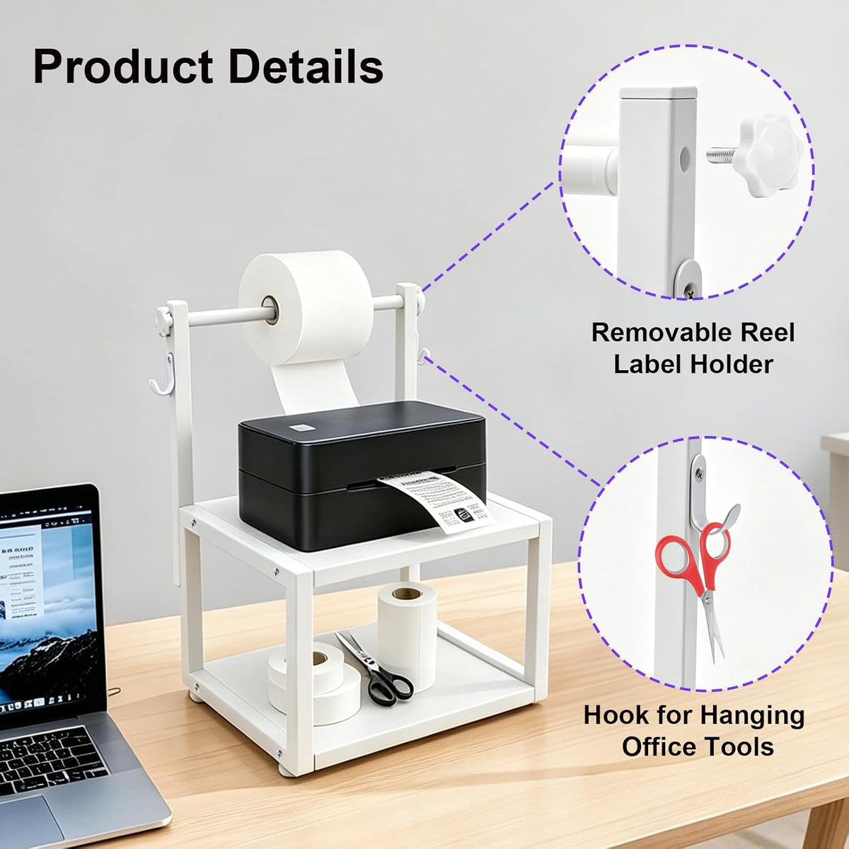 Wooden Thermal Printer Stand for Roll and Fan-Fold Label Holder, Office Use