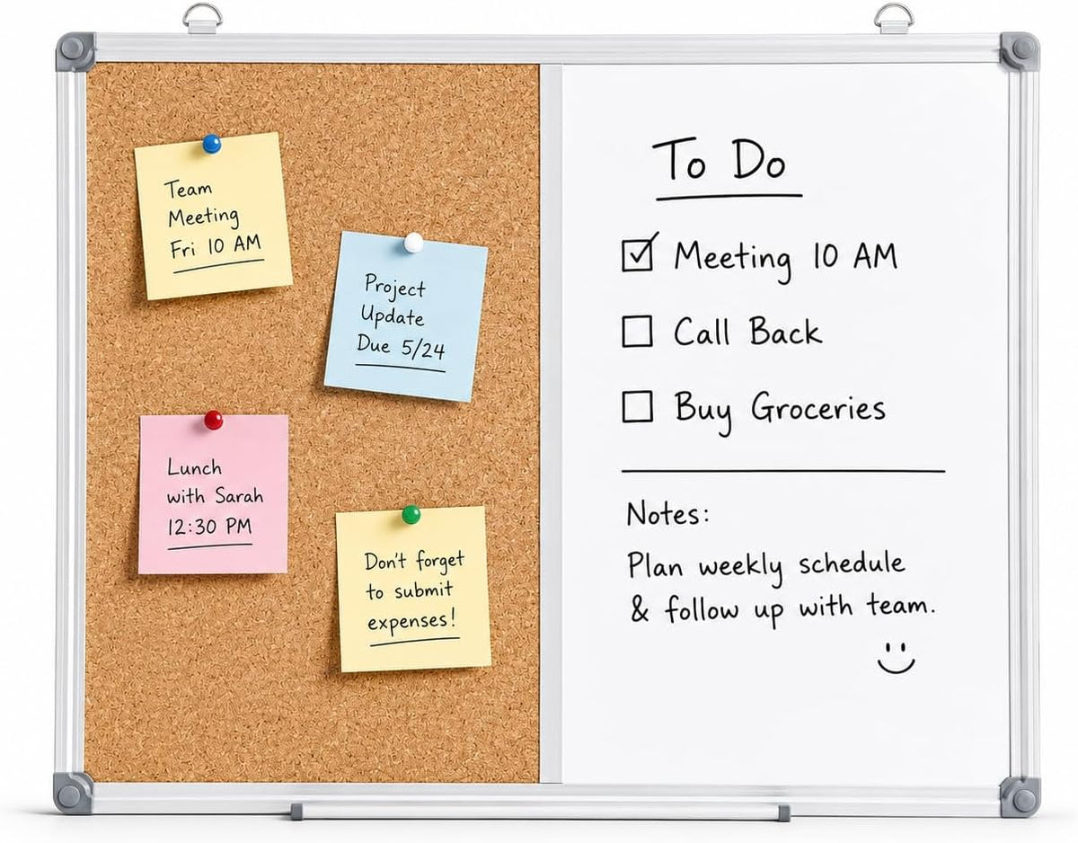 Cork Board and Magnetic Whiteboard Combination Board for Wall, 24" x 18&...