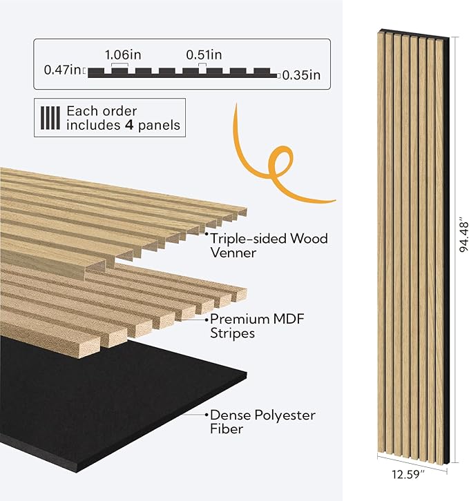 Olanglab Wood Slat Wall Panels 4 Pack, Wooden Acoustic Wall Panels, 94.5"x12.6" - Image 2