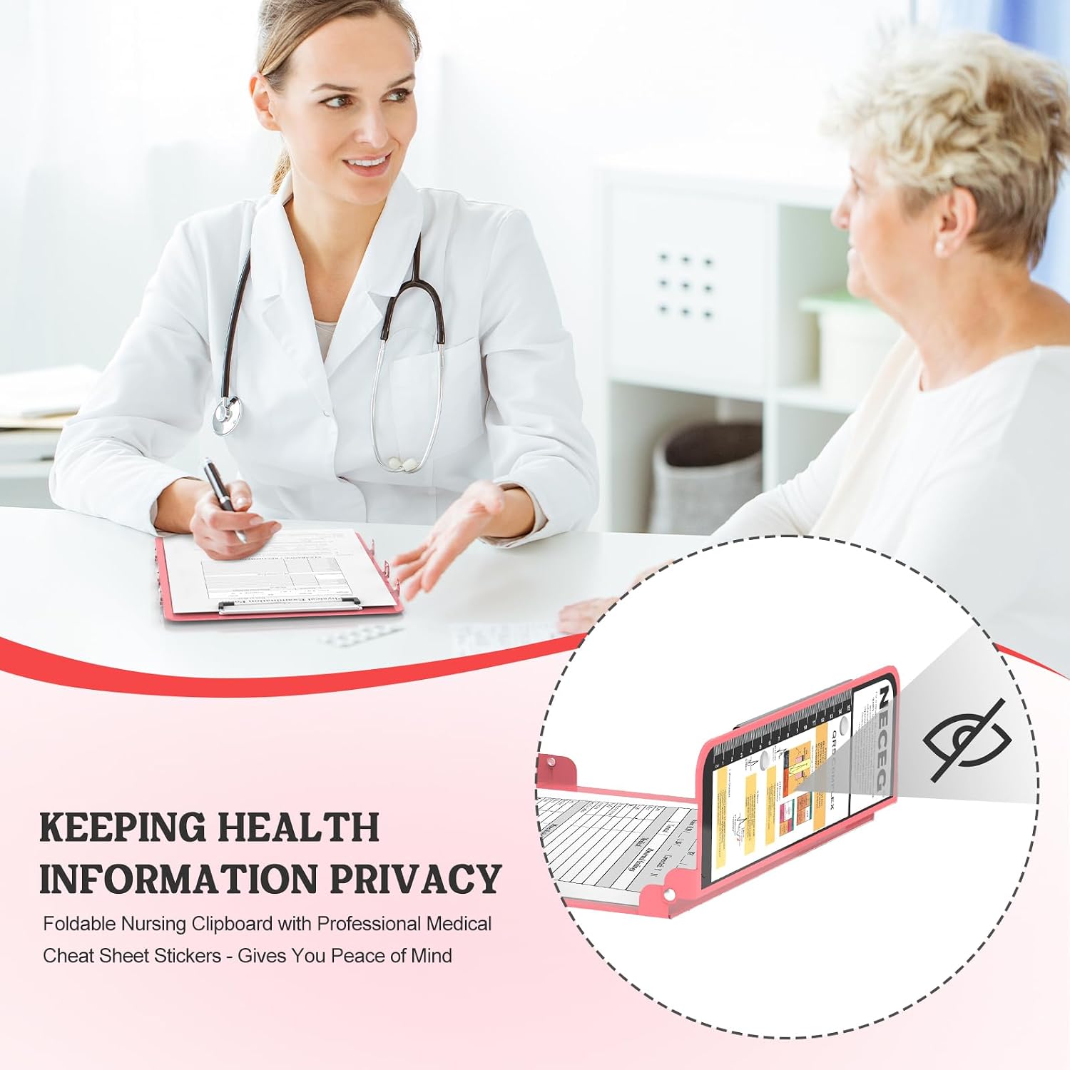 Nursing Clipboard Foldable, 4-Fold Aluminum Pocket Size, Rose | Folding Clipboard with Medical Cheat Sheets, Metal Pen Clip & Privacy Protection for Nurses, Nursing Students & Doctors