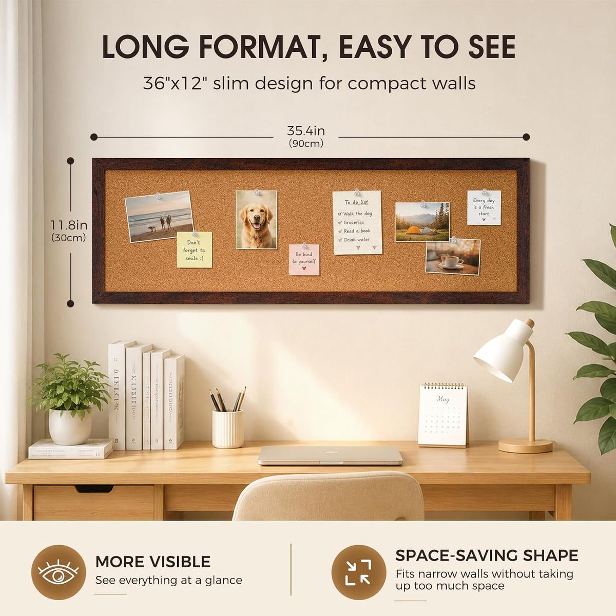 Long Cork Board for Wall, 36" x 12" Bulletin Board, Brown