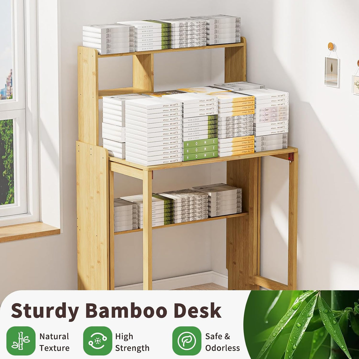 Folding Desk for Small Spaces, Bamboo Foldable Desk with Bookshelf, Natural