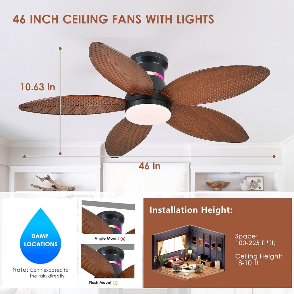 tropical palm leaf rgb ceiling fans with lights, front angle view