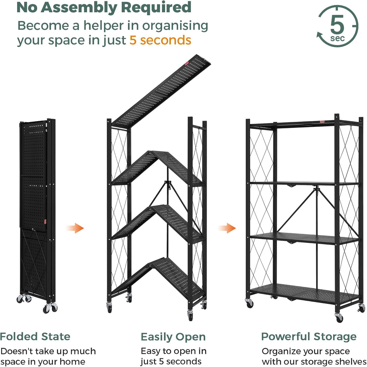 deanic 4 tier foldable storage shelves with wheels on a desk or shelf