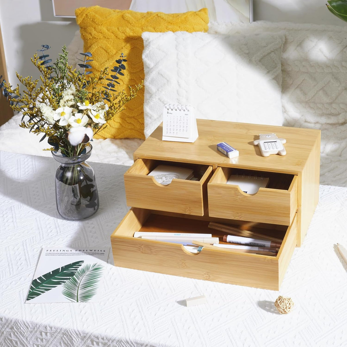 Charmewooden Bamboo Desk Organizer with 3 Drawers, Countertop Organizer with ...