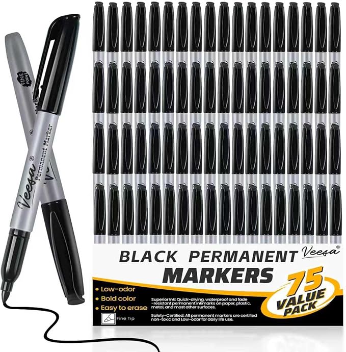 Permanent Markers 75 Pack, Waterproof | Quick Drying | Fade Resistant, Fine Tip by VEESA