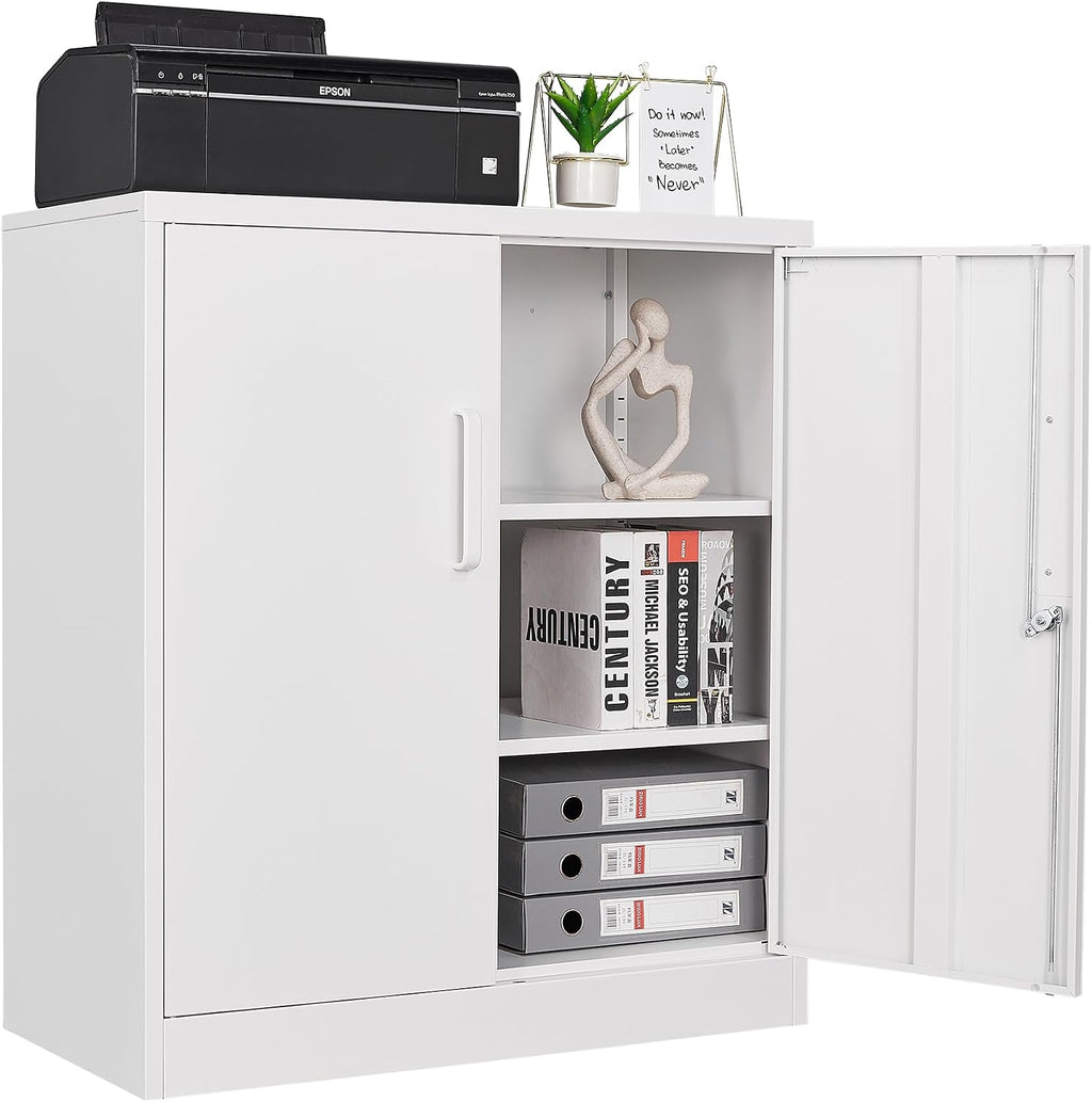 Metal Storage Cabinet, Lockable Steel Storage Cabinet with 2 Doors and Shelves, Metal Cabinet with Lock, Small Locking Cabinet for Home Office (White)