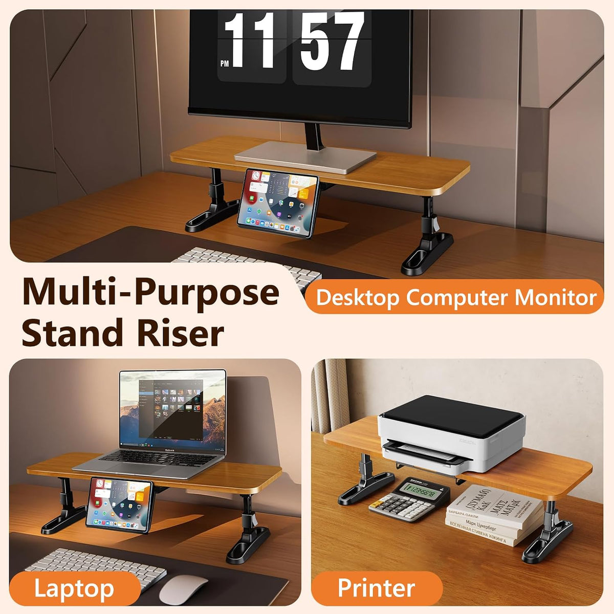 Ergonomic Wooden Monitor Stand Riser with Height Adjustable Button
