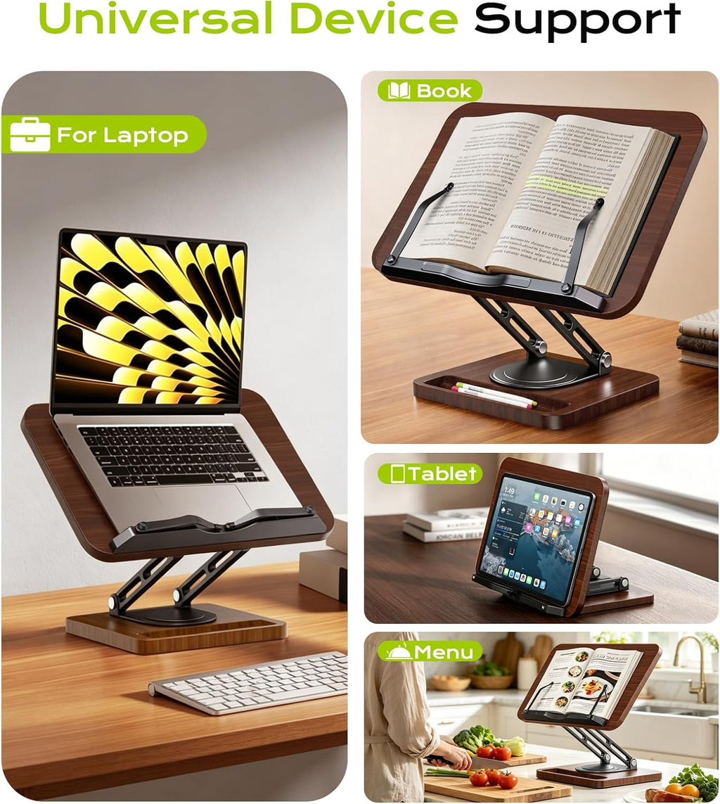 LOXP Book Stand with Storage, 360° Rotating Cookbook Stand, Ergonomic | Adjustable height angle,Hands-free, anti-slip base, Elastic Page Clips for Laptop Tablet, Foldable for Kitchen School