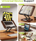 LOXP Book Stand with Storage, 360° Rotating Cookbook Stand, Ergonomic | Adjustable height angle,Hands-free, anti-slip base, Elastic Page Clips for Laptop Tablet, Foldable for Kitchen School