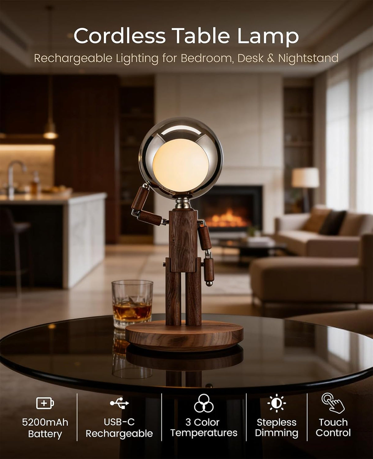 Cordless Table Lamp, Rechargeable Wooden Desk Lamp, Dimmable, Gift