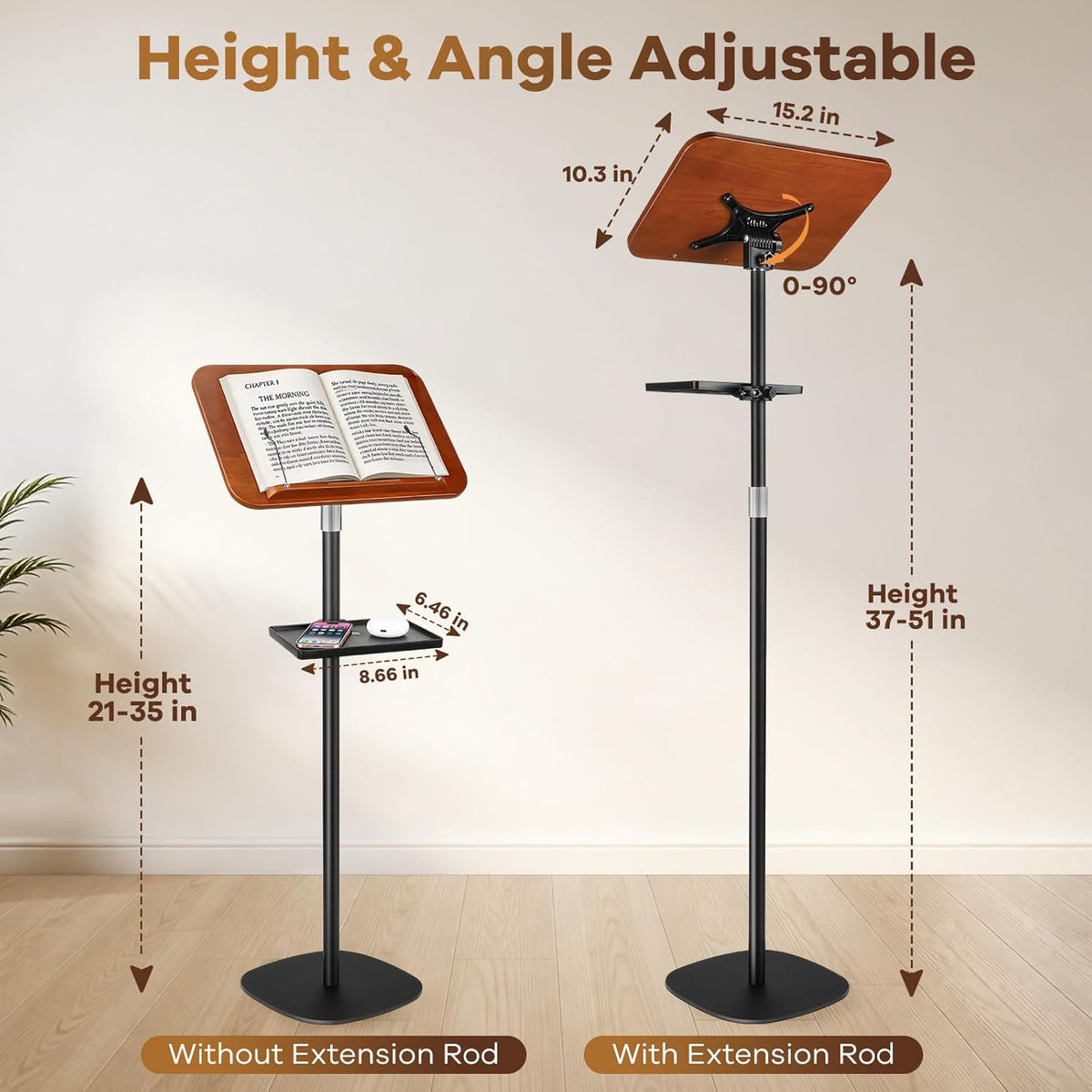 Lectern Podium Stand, Adjustable Height Wooden Podium Lectern with Tray