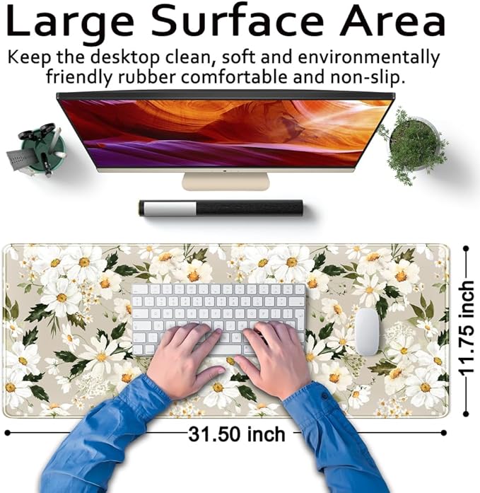 Daisy Floral Daisies Large Mouse Pad Watercolor Flowers Desk Mat, Washable - Image 6