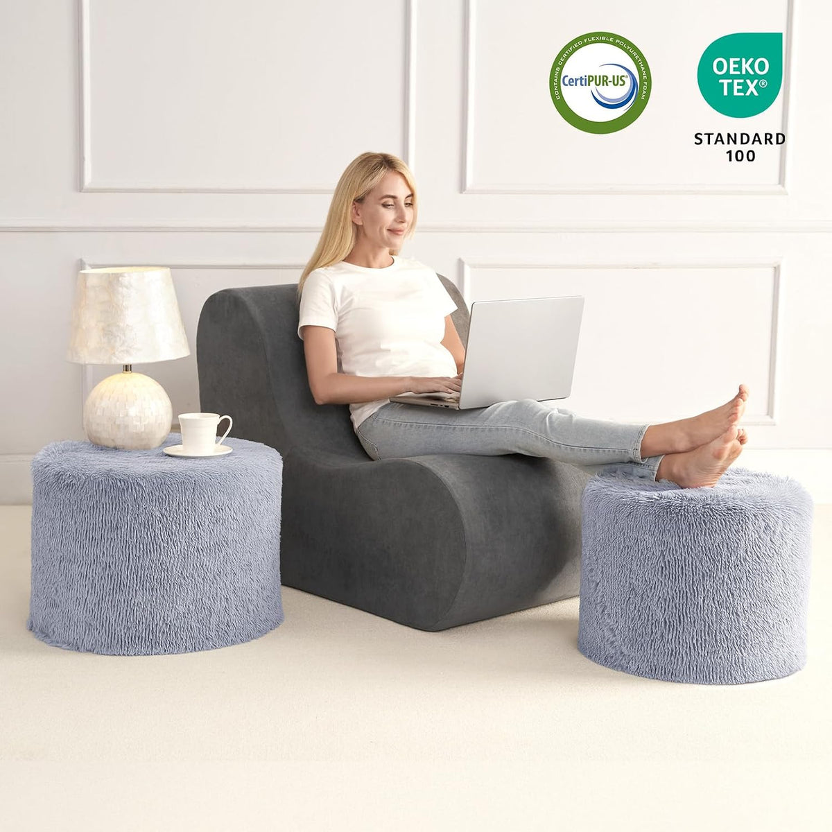 Hansleep Round Pouf Ottoman Foot Rest, Footstool, 17 x 14 Inch, Grey