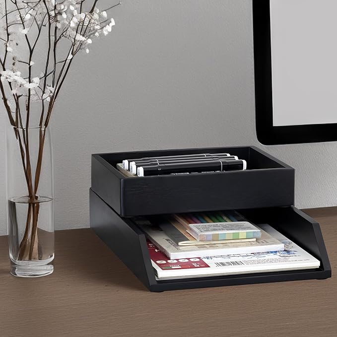 Demigo Desk Organizer Letter Tray Set of 2, Acacia Wood Tabletop Desktop - Image 5