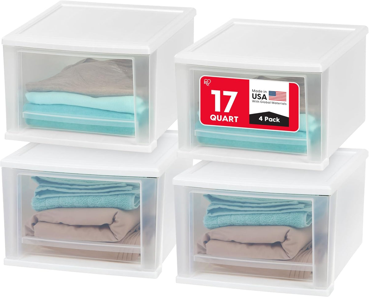 IRIS USA 4-Pack, 17 Qt. Medium Stacking Drawer Storage Organizer, White