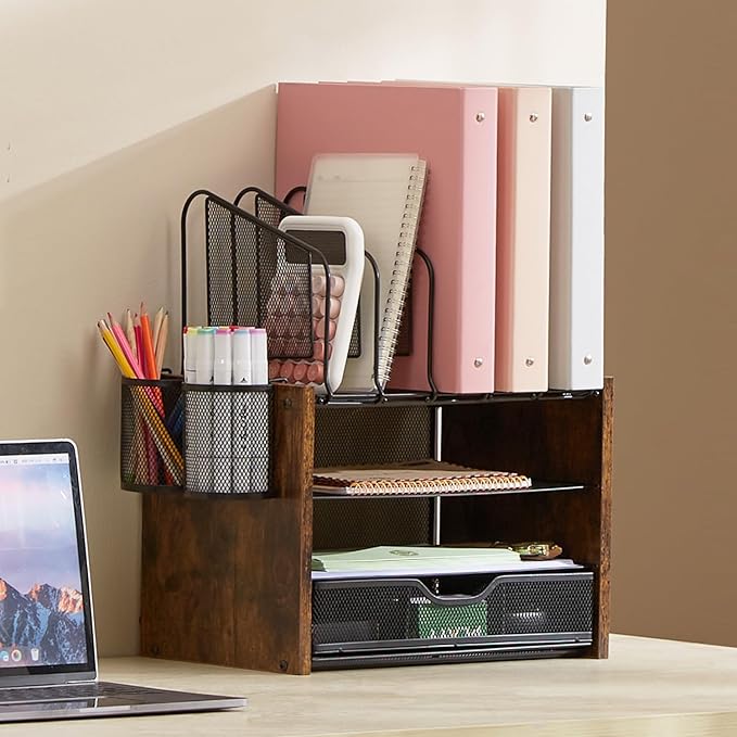 Y YOMA Wooden Desk Organizer, 4-Tier Mesh Desk Organizer - Image 9
