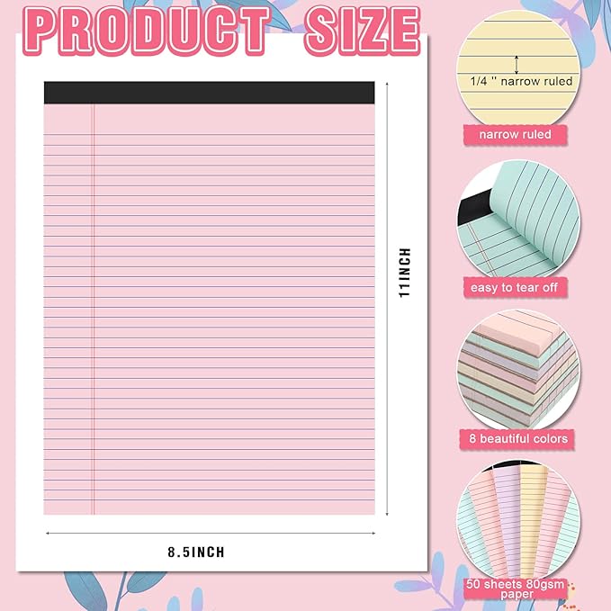 Fuutreo 8 Pcs 8.5'' x 11'' Colored Legal Pad Writing Pads Narrow Ruled 50 - Image 2