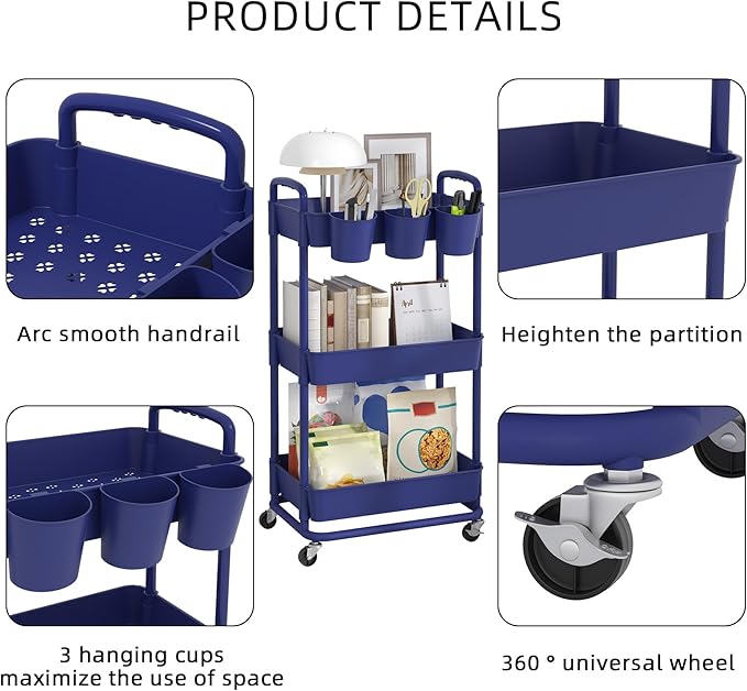 JIUYOTREE 3-Tier Plastic Rolling Storage Cart Utility Cart - Image 7