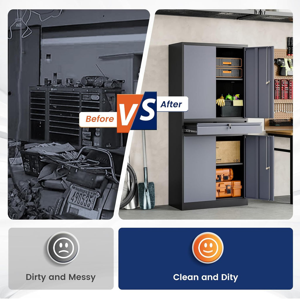 yizosh metal garage storage cabinet with locking doors on a desk or shelf