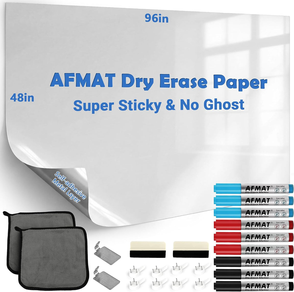 AFMAT Whiteboard for Wall, 8 x 4 ft White Board Sticker, 96 x 48 inches Dry E...