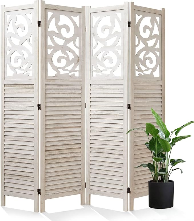 Room Divider Wood Carved Wall Divider Indoor Folding Portable Partition Screen by Svimi