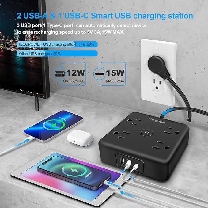 Surge Protector Power Strip 15 ft Cord, Long Power Strip - Image 3