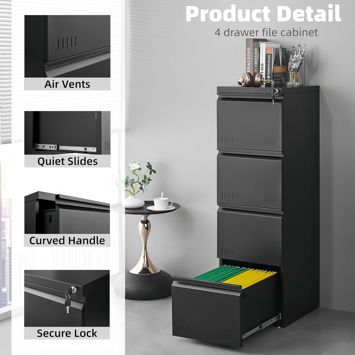 approgreent vertical 4 drawer file cabient with lock, side view