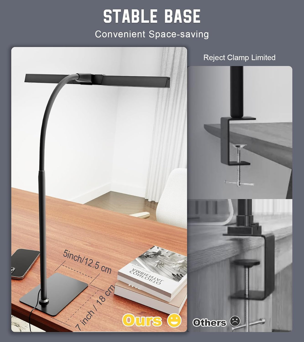 led desk lamp for home office with base, front angle view