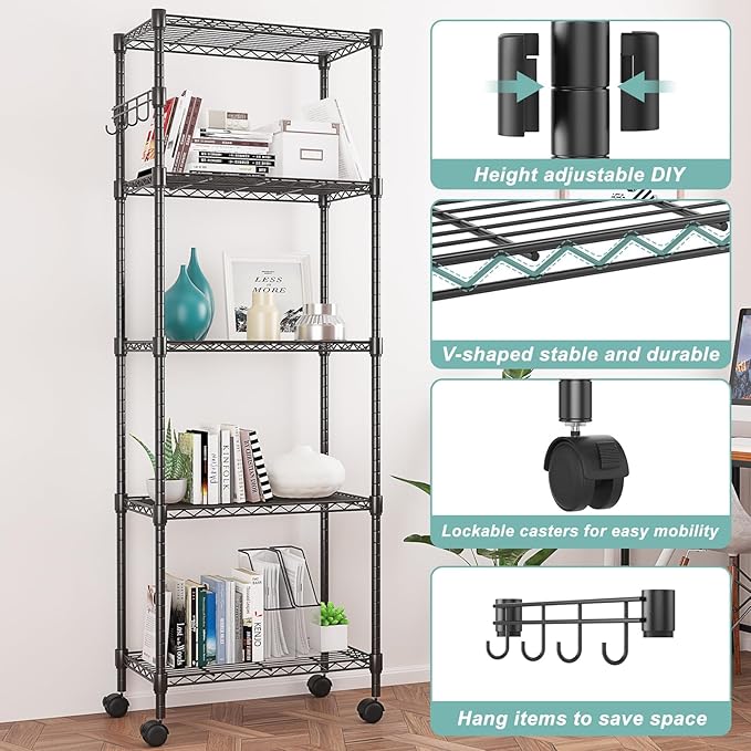 Himimi 5-Tier Wire Shelving Unit on Wheels, Adjustable Heavy Duty Metal Shelves - Image 6
