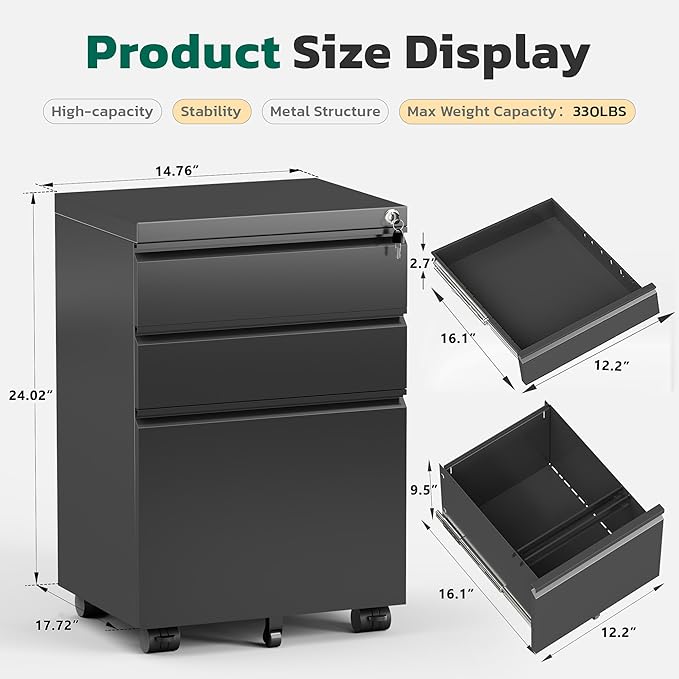 Greenvelly 3 Drawer Mobile File Cabinet - Image 3